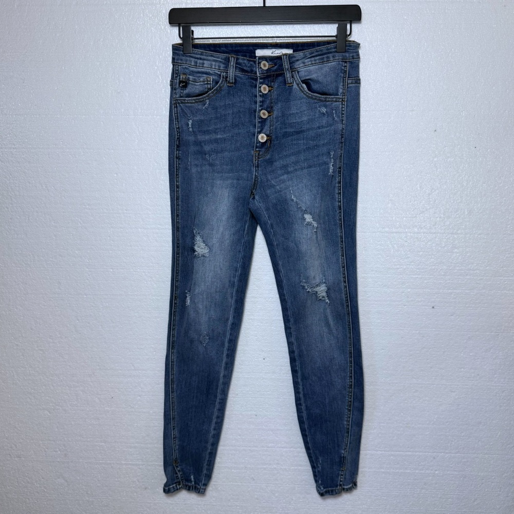 Kancan Size 7 / 27 Dark Wash Distressed Skinny Button Fly Jeans Denim Raw Hem